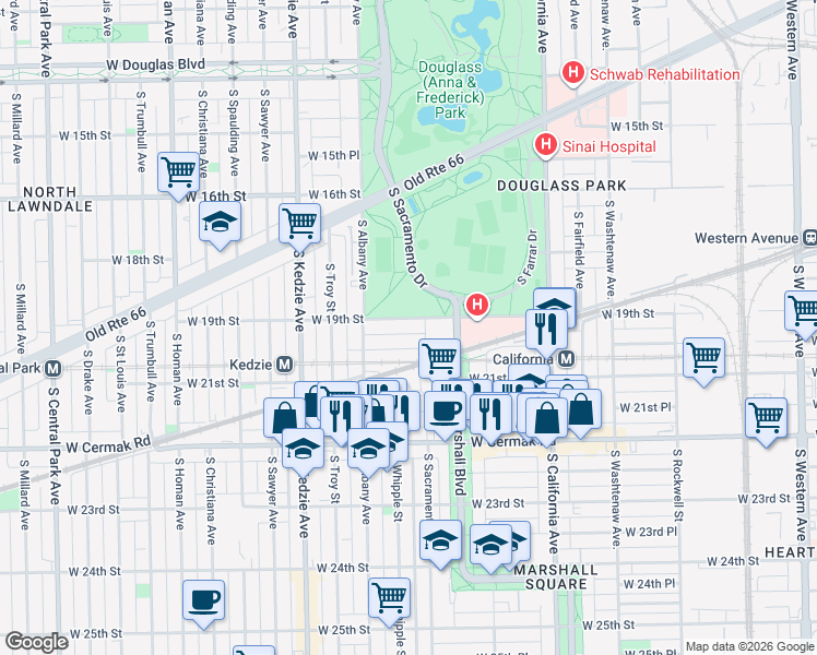 map of restaurants, bars, coffee shops, grocery stores, and more near 3001 West Cullerton Street in Chicago