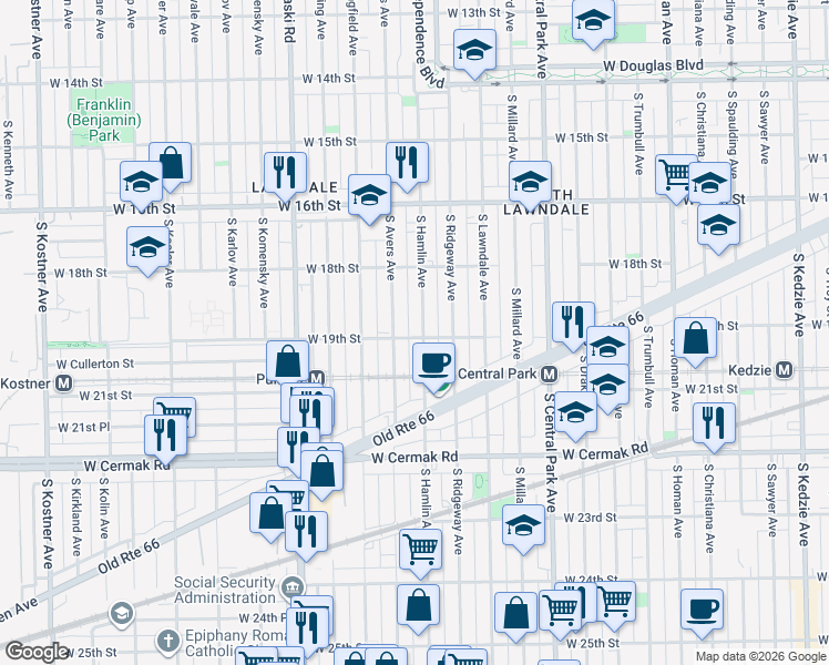 map of restaurants, bars, coffee shops, grocery stores, and more near 1918 South Hamlin Avenue in Chicago