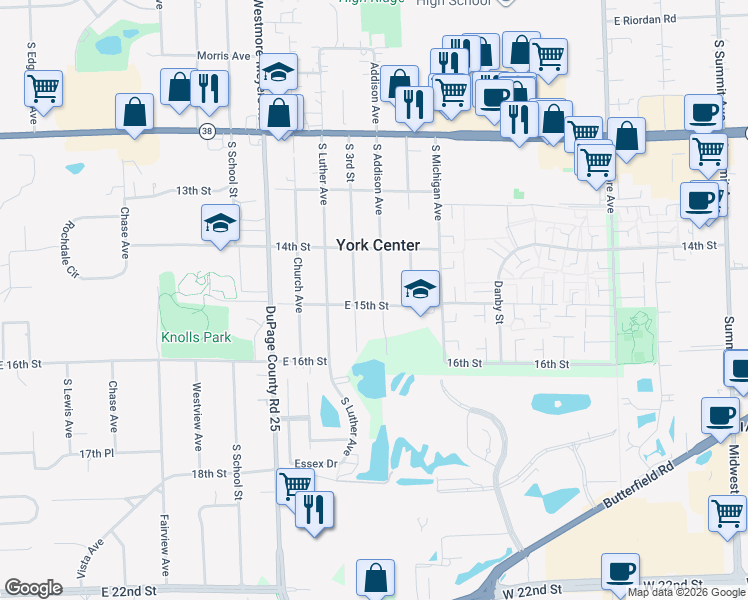 map of restaurants, bars, coffee shops, grocery stores, and more near 1S329 South 3rd Avenue in Lombard