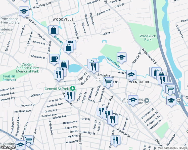 map of restaurants, bars, coffee shops, grocery stores, and more near 12 Atlas Street in Providence