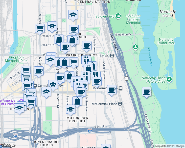 map of restaurants, bars, coffee shops, grocery stores, and more near 221 East Cullerton Street in Chicago