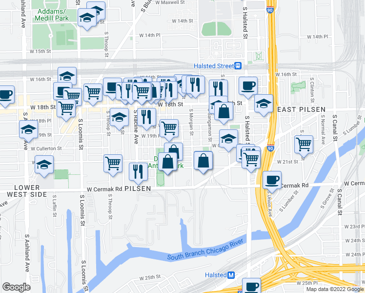 map of restaurants, bars, coffee shops, grocery stores, and more near West Cullerton Street & South Miller Street in Chicago