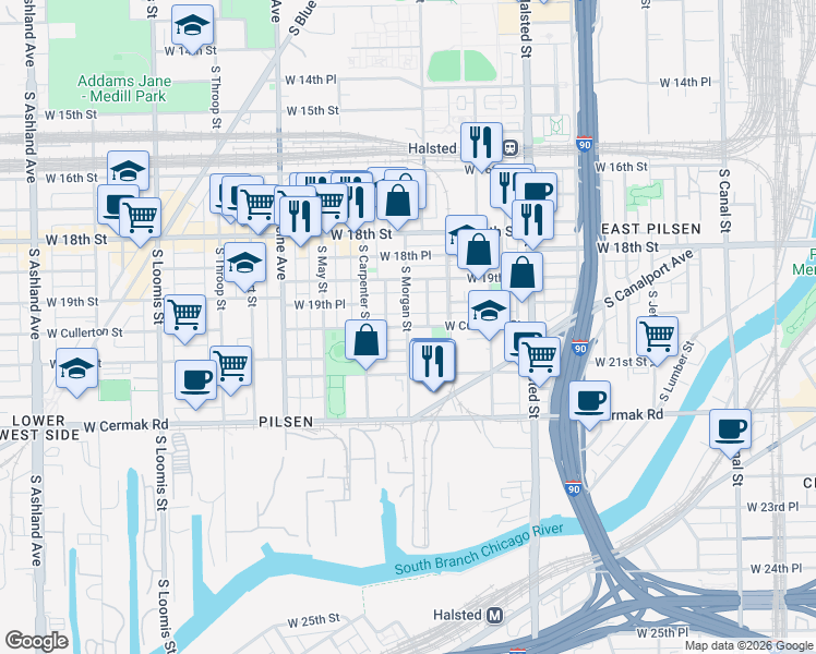 map of restaurants, bars, coffee shops, grocery stores, and more near S Morgan St & W Cullerton St in Chicago