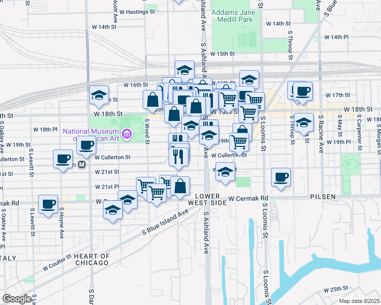 map of restaurants, bars, coffee shops, grocery stores, and more near 1630 West Cullerton Street in Chicago