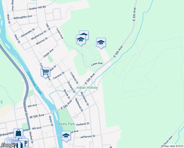 map of restaurants, bars, coffee shops, grocery stores, and more near 349 East 5th Avenue in Warren