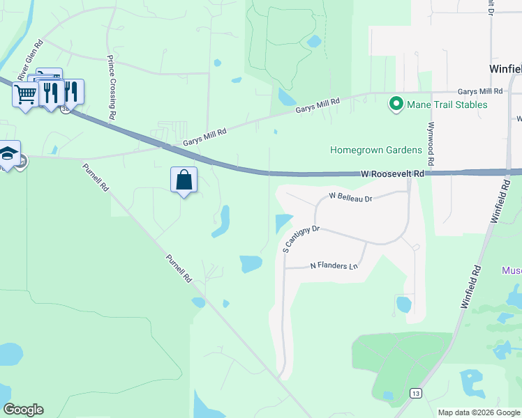 map of restaurants, bars, coffee shops, grocery stores, and more near 28W451 Roosevelt Road in Winfield