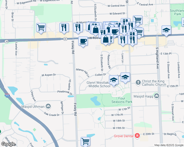 map of restaurants, bars, coffee shops, grocery stores, and more near 309 Manor Hill Court in Lombard