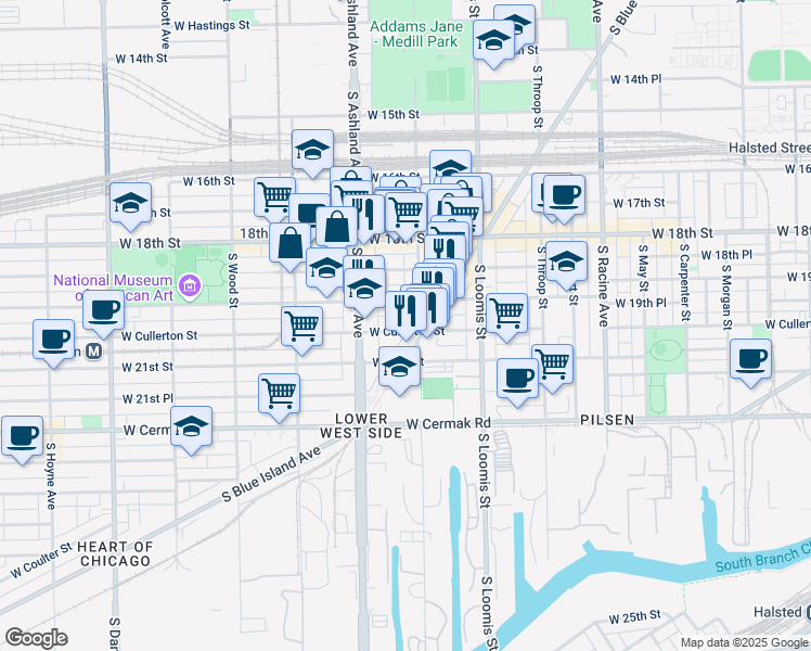 map of restaurants, bars, coffee shops, grocery stores, and more near 1519 West 19th Street in Chicago