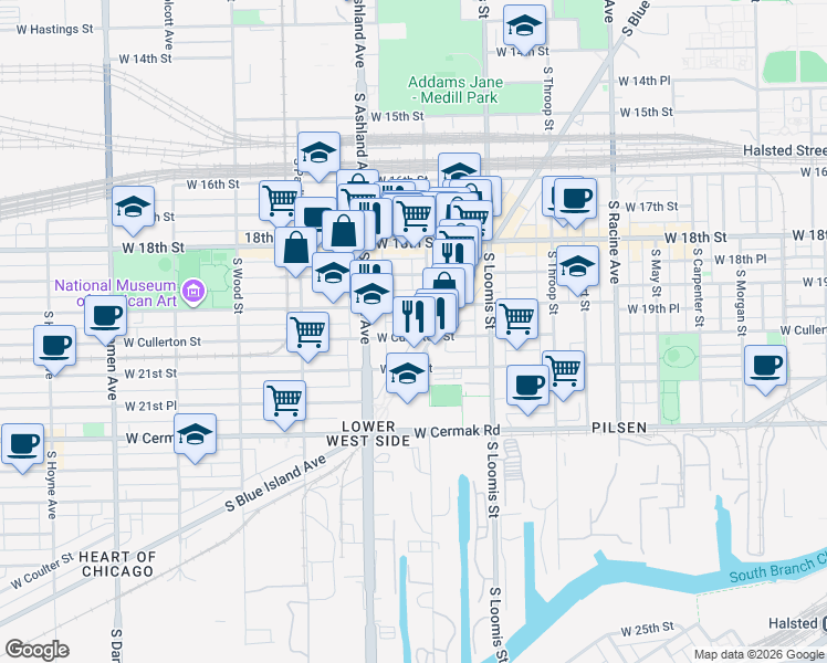 map of restaurants, bars, coffee shops, grocery stores, and more near 1519 West 19th Street in Chicago