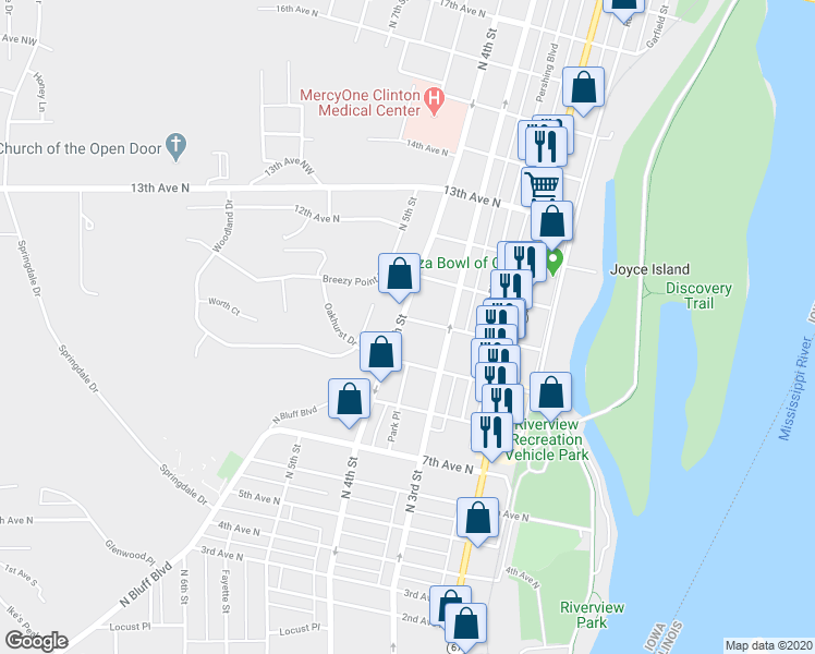 map of restaurants, bars, coffee shops, grocery stores, and more near 929 North 4th Street in Clinton