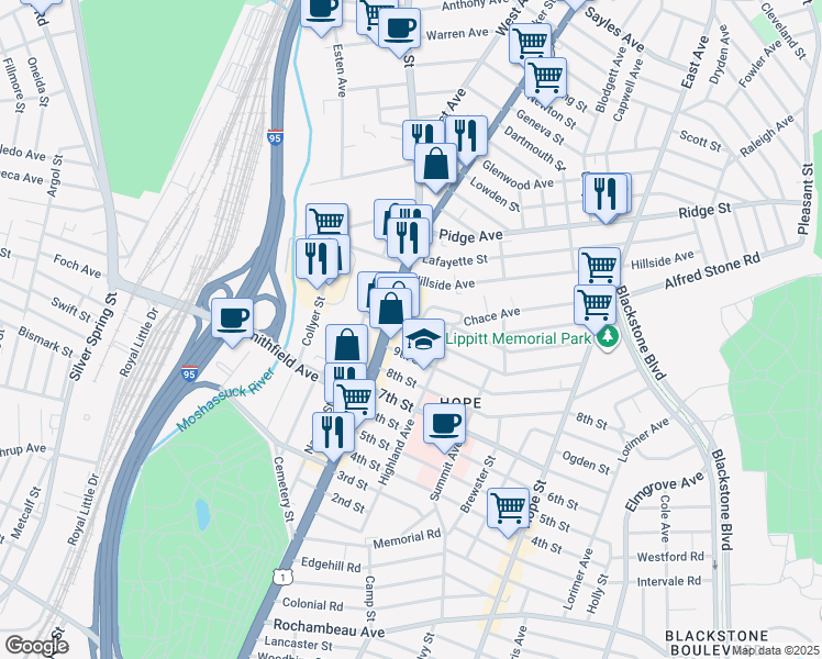 map of restaurants, bars, coffee shops, grocery stores, and more near 16 Greaton Drive in Providence