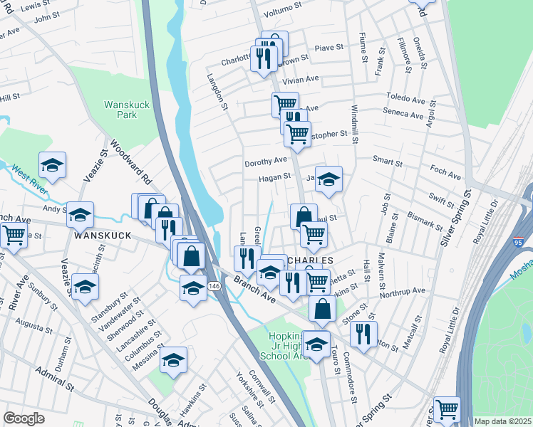 map of restaurants, bars, coffee shops, grocery stores, and more near 23 Mendon Street in Providence
