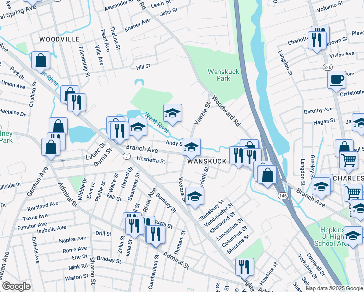 map of restaurants, bars, coffee shops, grocery stores, and more near 540 Veazie Street in Providence