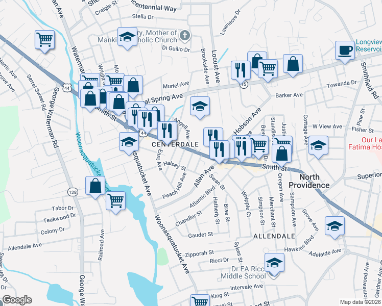 map of restaurants, bars, coffee shops, grocery stores, and more near in Centerdale