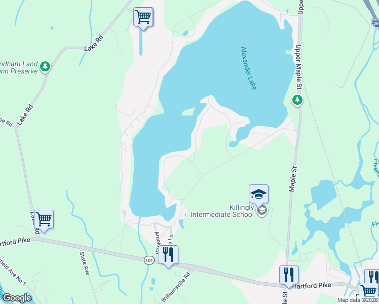 map of restaurants, bars, coffee shops, grocery stores, and more near 58 Island Road in Killingly