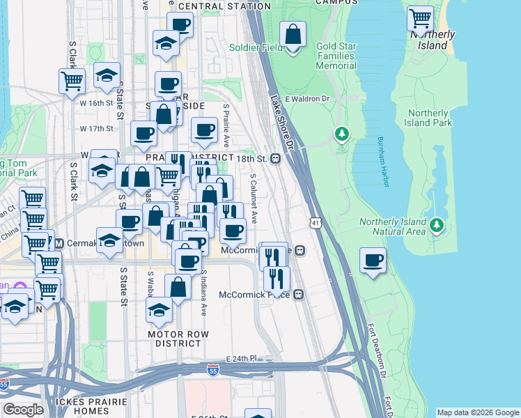 map of restaurants, bars, coffee shops, grocery stores, and more near 1843 South Calumet Avenue in Chicago