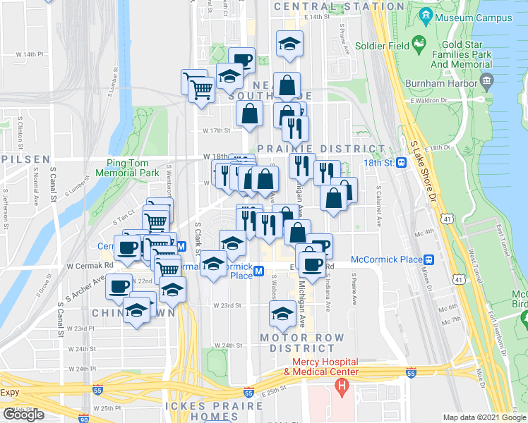 map of restaurants, bars, coffee shops, grocery stores, and more near 1918 South Wabash Avenue in Chicago