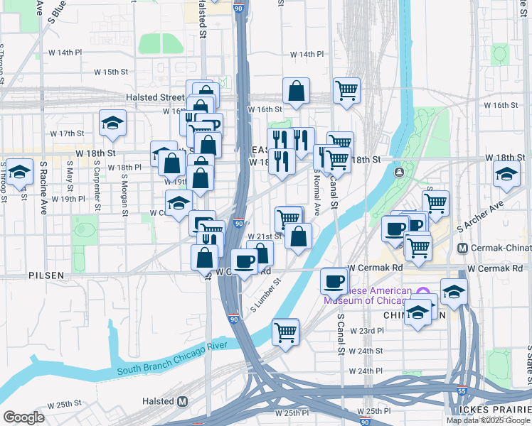 map of restaurants, bars, coffee shops, grocery stores, and more near 1949 South Canalport Avenue in Chicago