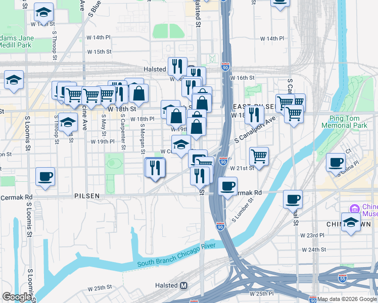 map of restaurants, bars, coffee shops, grocery stores, and more near 1923 South Peoria Street in Chicago