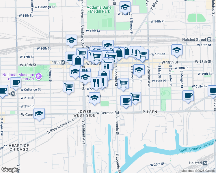 map of restaurants, bars, coffee shops, grocery stores, and more near 1900 South Blue Island Avenue in Chicago