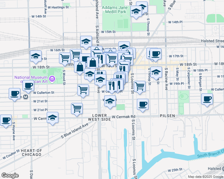 map of restaurants, bars, coffee shops, grocery stores, and more near 1519 West 19th Street in Chicago