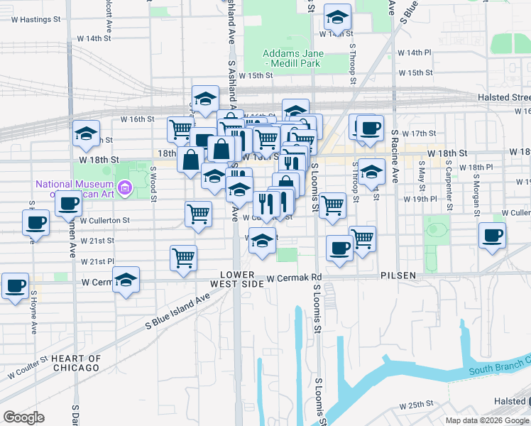 map of restaurants, bars, coffee shops, grocery stores, and more near 1519 West 19th Street in Chicago