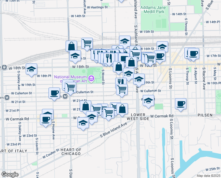map of restaurants, bars, coffee shops, grocery stores, and more near 1748 West 19th Street in Chicago