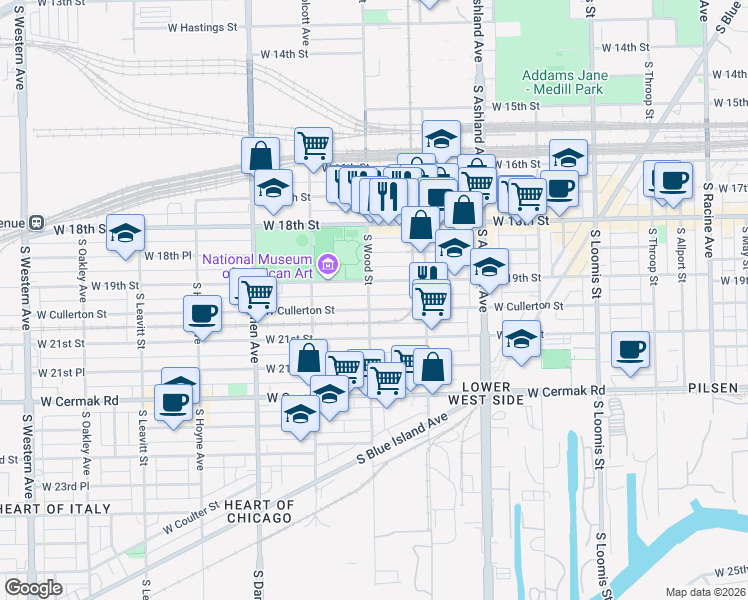 map of restaurants, bars, coffee shops, grocery stores, and more near 1748 West 19th Street in Chicago