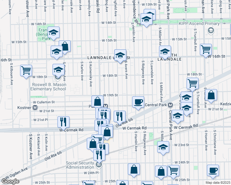 map of restaurants, bars, coffee shops, grocery stores, and more near 1833 South Harding Avenue in Chicago