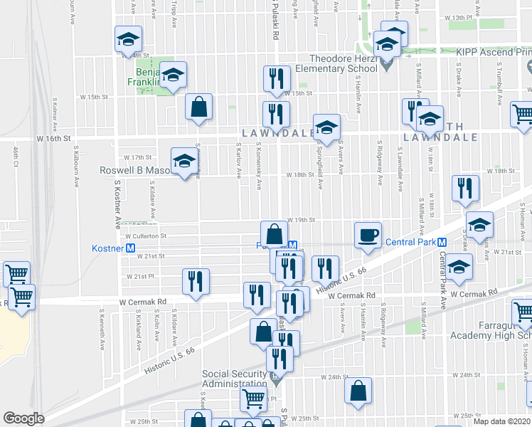 map of restaurants, bars, coffee shops, grocery stores, and more near 1829 South Komensky Avenue in Chicago