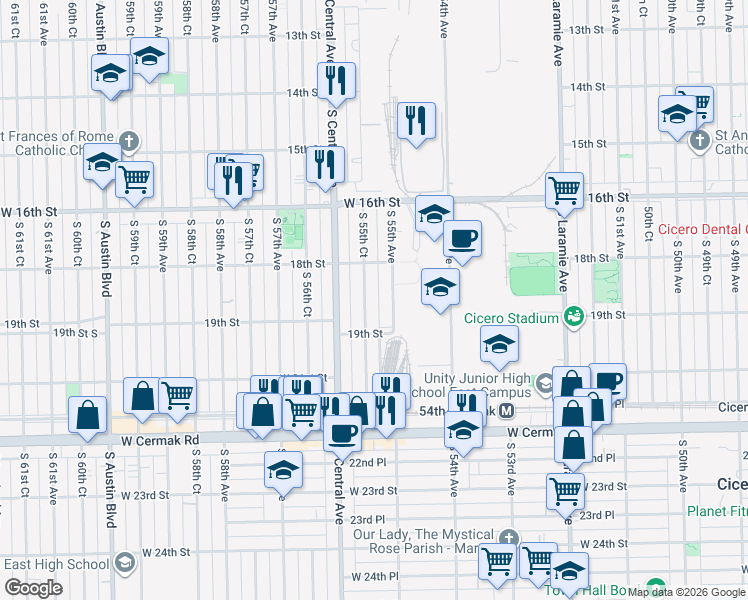 map of restaurants, bars, coffee shops, grocery stores, and more near 1810 South 55th Avenue in Cicero