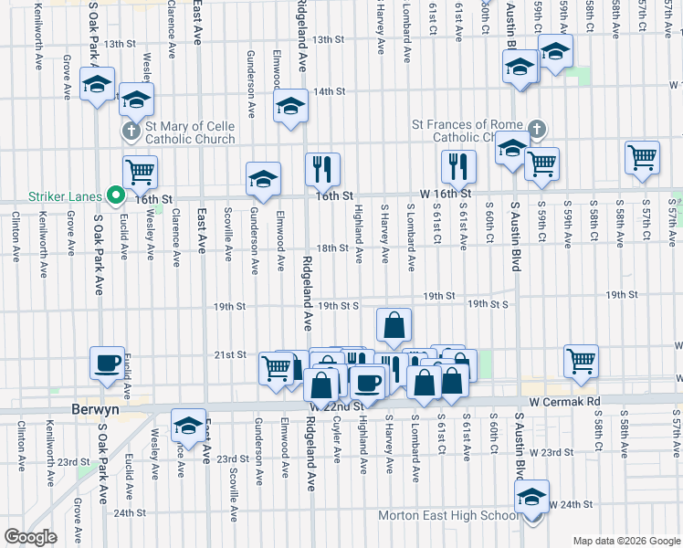 map of restaurants, bars, coffee shops, grocery stores, and more near 1804 Highland Avenue in Berwyn
