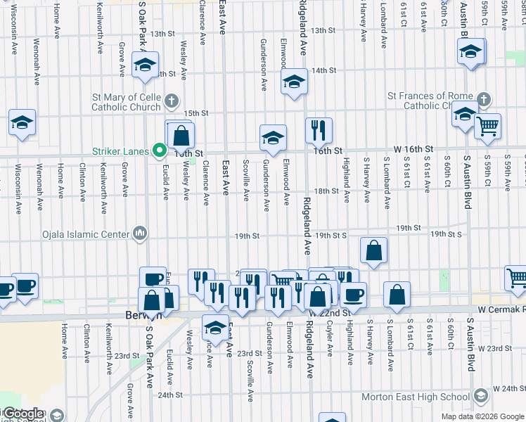 map of restaurants, bars, coffee shops, grocery stores, and more near 6446 18th Street in Berwyn