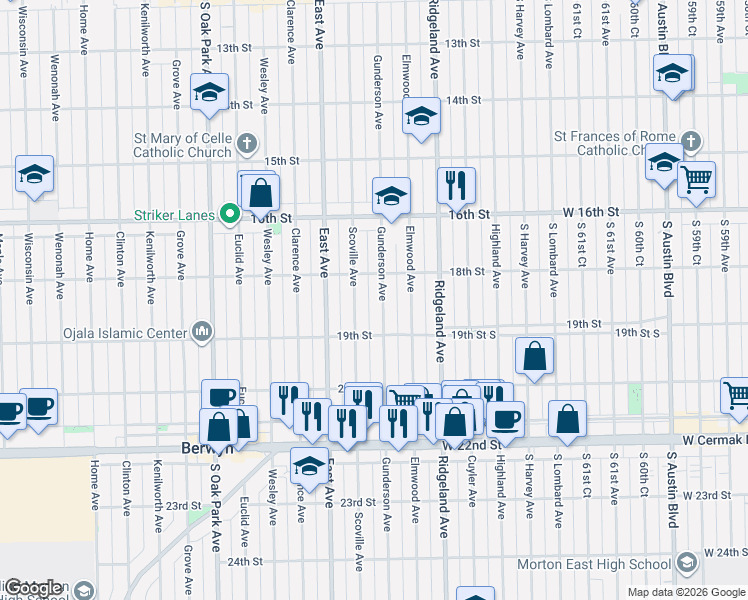 map of restaurants, bars, coffee shops, grocery stores, and more near 6446 18th Street in Berwyn