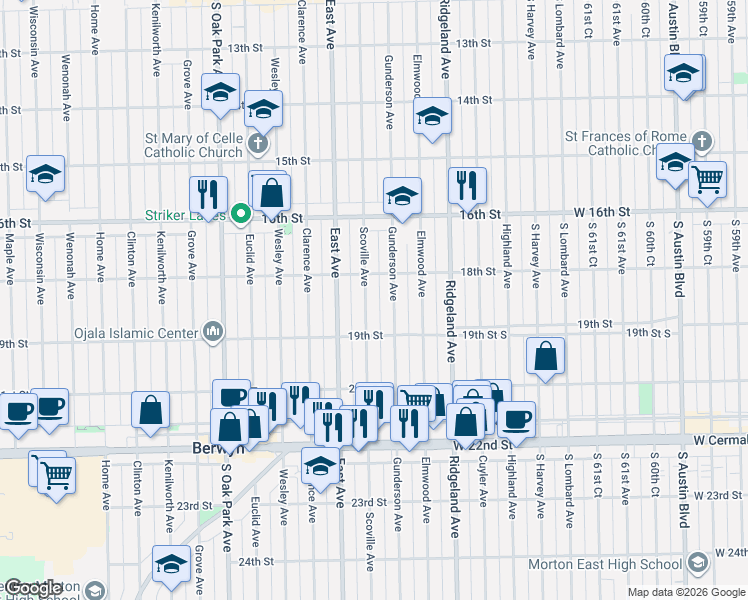 map of restaurants, bars, coffee shops, grocery stores, and more near 1800 Scoville Avenue in Berwyn