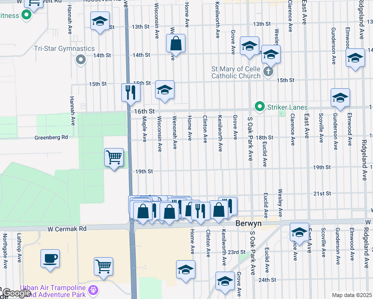 map of restaurants, bars, coffee shops, grocery stores, and more near 1645 Wenonah Avenue in Berwyn