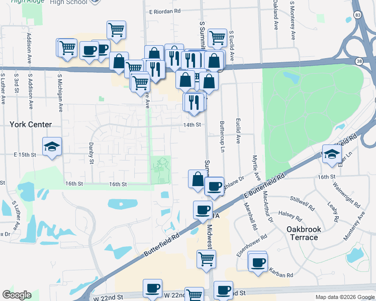 map of restaurants, bars, coffee shops, grocery stores, and more near 17W714 Butterfield Road in Oakbrook Terrace