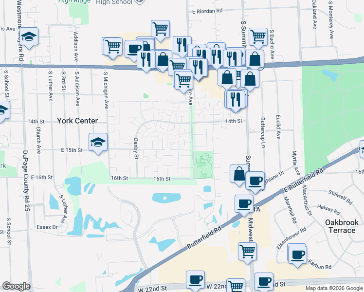 map of restaurants, bars, coffee shops, grocery stores, and more near 18W014 Standish Lane in Villa Park