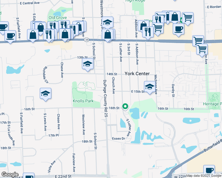map of restaurants, bars, coffee shops, grocery stores, and more near 1408 Church Avenue in Lombard