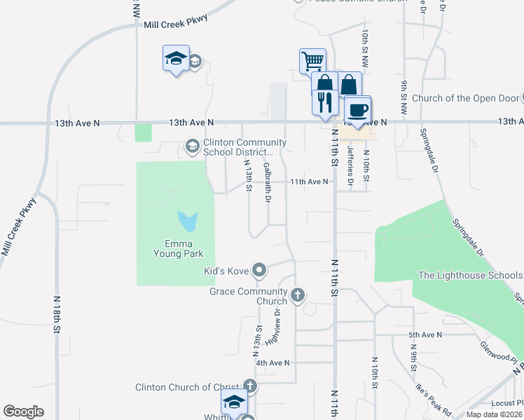 map of restaurants, bars, coffee shops, grocery stores, and more near 1000-1098 Galbraith Dr in Clinton
