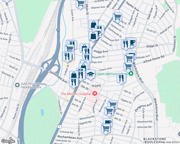 map of restaurants, bars, coffee shops, grocery stores, and more near 30 10th Street in Providence