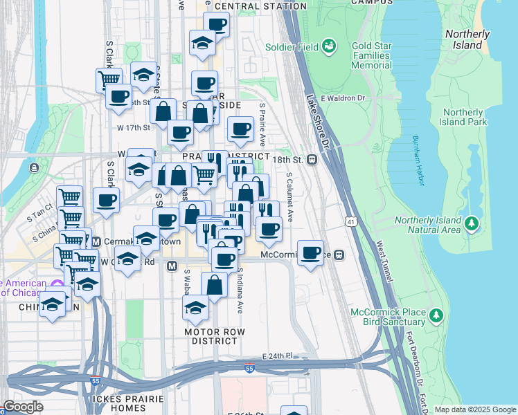 map of restaurants, bars, coffee shops, grocery stores, and more near 1952 South Prairie Avenue in Chicago