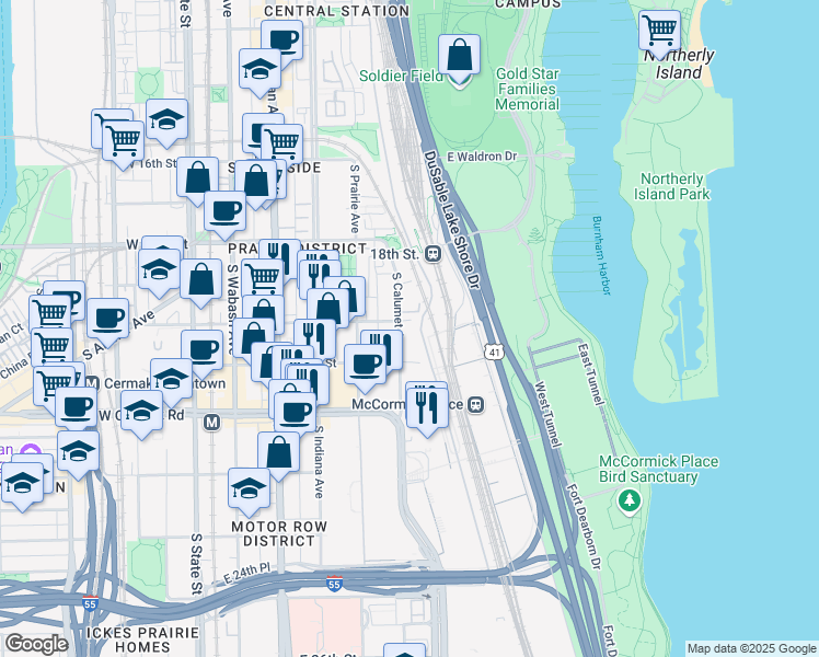 map of restaurants, bars, coffee shops, grocery stores, and more near 1843 South Calumet Avenue in Chicago
