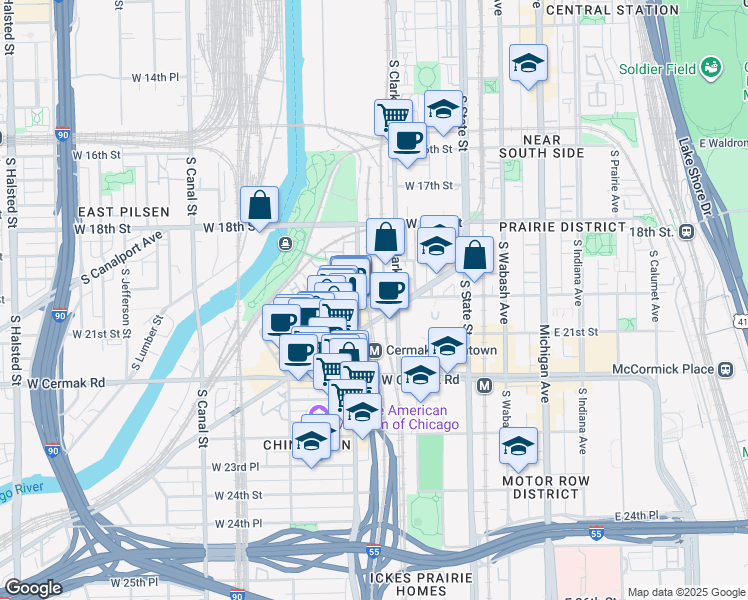 map of restaurants, bars, coffee shops, grocery stores, and more near 61 East 21st Street in Chicago