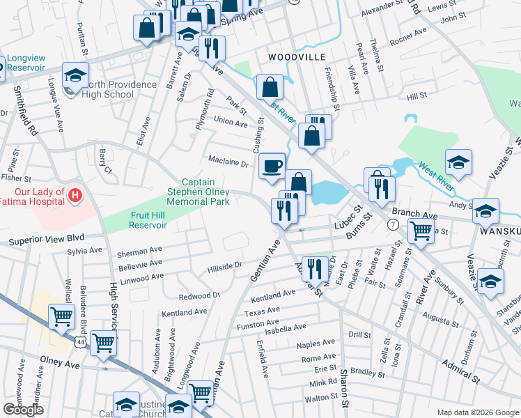 map of restaurants, bars, coffee shops, grocery stores, and more near 4 Smithfield Road in North Providence