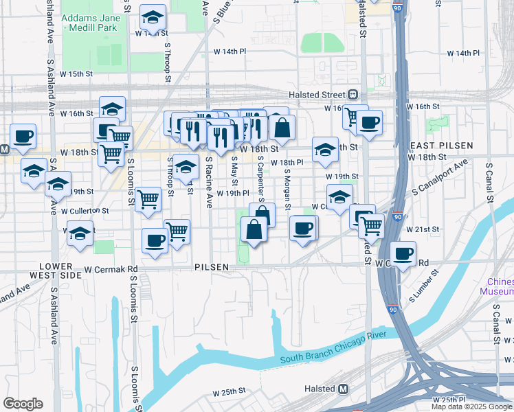 map of restaurants, bars, coffee shops, grocery stores, and more near 1942 South Carpenter Street in Chicago