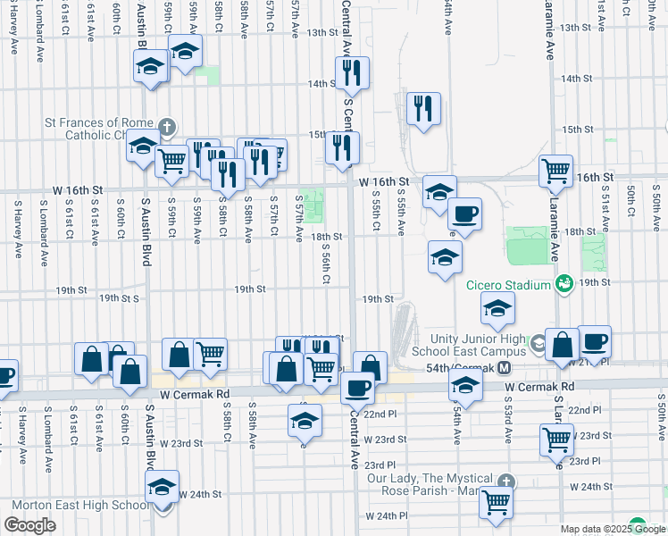 map of restaurants, bars, coffee shops, grocery stores, and more near 1831 South 56th Court in Cicero