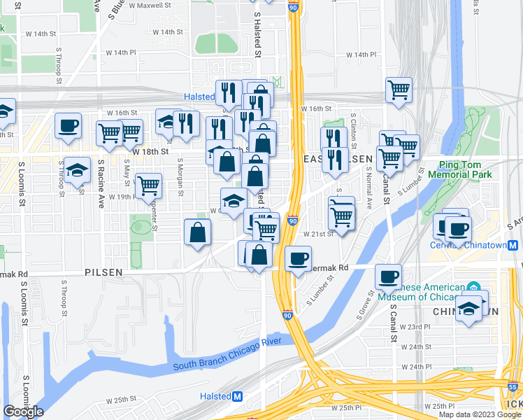 map of restaurants, bars, coffee shops, grocery stores, and more near South Halsted Street & West Cullerton Street in Chicago