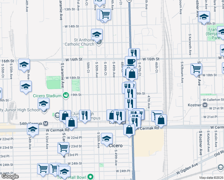map of restaurants, bars, coffee shops, grocery stores, and more near 1814 South 49th Avenue in Cicero