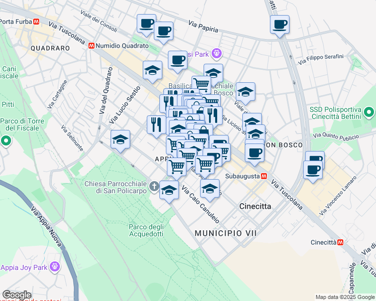 map of restaurants, bars, coffee shops, grocery stores, and more near 54 Viale Giulio Agricola in Roma